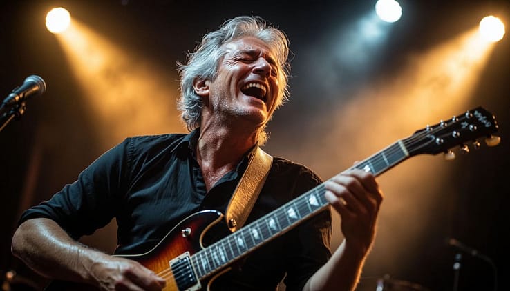 A dynamic, slow-motion capture of a passionate guitarist (60+, silver hair, eyes closed in ecstasy) mid-performance under stage lights. His fingers blur across the fretboard, strings vibrating with visible tension. Warm light from below creates dramatic chiaroscuro on his face and hands; sweat glistens on his temple. Behind him, soft bokeh of an enraptured audience. Style: high-speed photography meets cinematic drama, inspired by rock documentaries. Color palette: amber, deep red, black — alive with motion and fire. Mood: unstoppable energy, ageless artistry, pure flow.