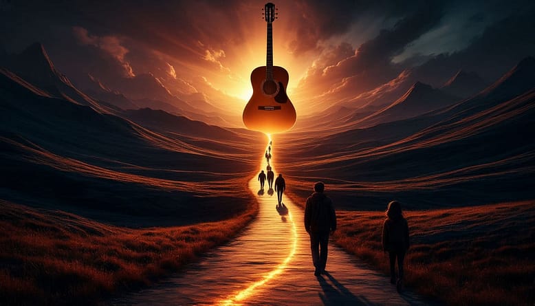 A wide, epic cinematic shot of a winding path made of light, stretching through a dark, abstract landscape. On the path, silhouettes of people of different ages are walking towards a giant, softly glowing acoustic guitar that serves as a gateway or a sun on the horizon. Epic lighting, a sense of journey and hope.
