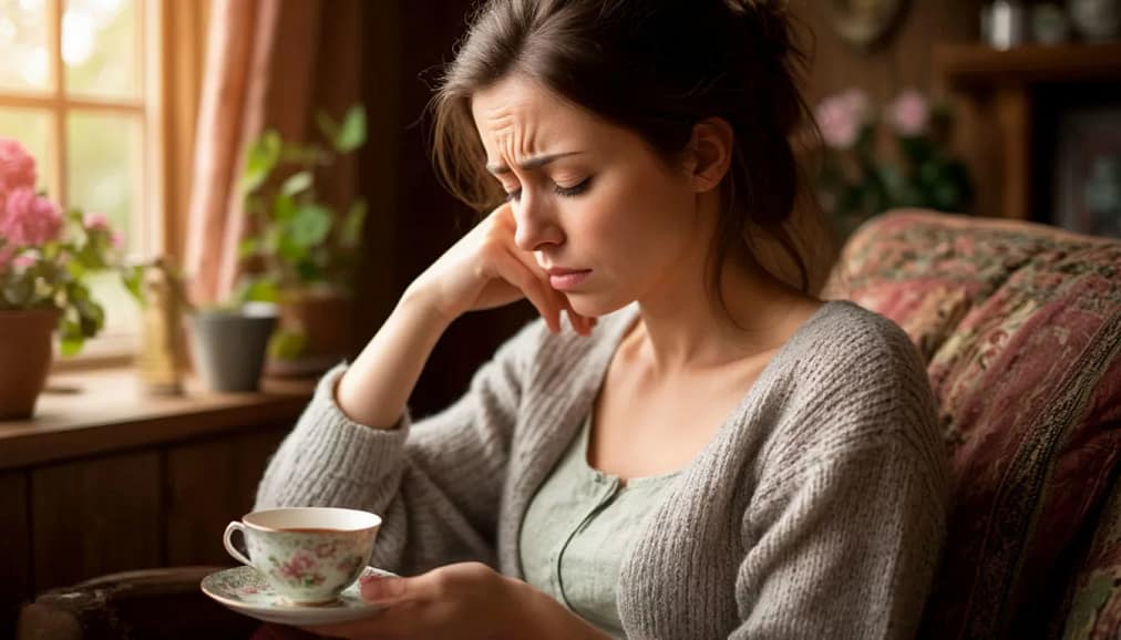 уставшая и изможденная мать отдыхает от детей за чашкой чая, красивая сервировка