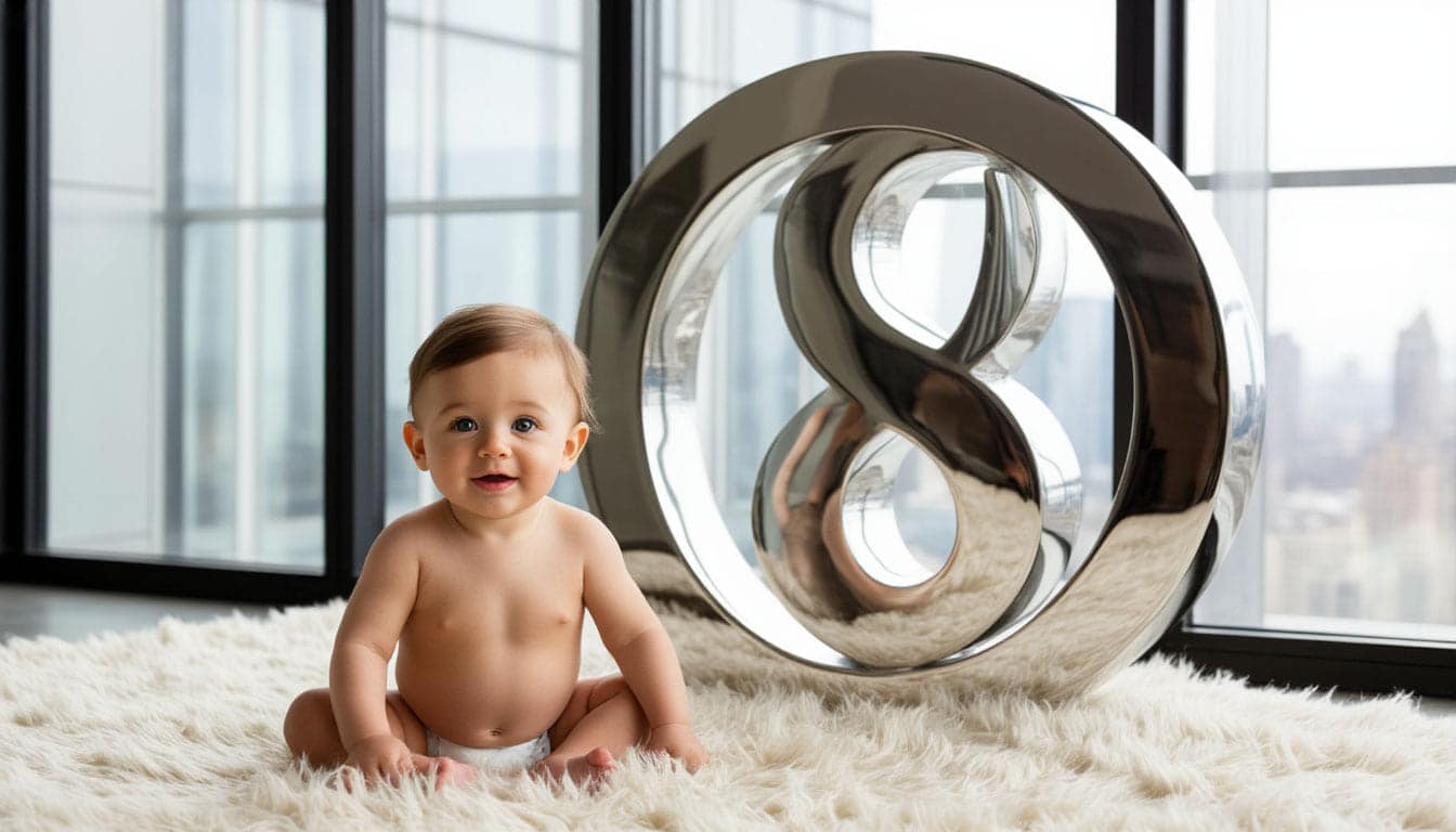 Ultra-realistic professional editorial photography for Vogue Baby magazine. An eight-month-old baby boy with bright, curious eyes, sitting confidently on a plush ivory fur rug in a minimalist luxury loft with floor-to-ceiling windows. Dominating the entire background wall is a colossal, floor-to-ceiling mirror, its frame sculpted into the exact, bold, three-dimensional shape of the number "8" in polished brushed steel. The baby’s reflection is perfectly centered within the upper loop of the “8”, creating a powerful visual metaphor of self-discovery and infinite potential. Soft, diffused natural light from the window highlights the texture of the baby’s skin, the fur rug, and the metallic sheen of the digit. Shot on medium format Hasselblad, f/2.8, shallow depth of field, hyperrealistic skin and material textures, 8K resolution. The number "8" mirror is the central, unavoidable architectural element — sharp, reflective, monumental, and impossible to ignore. Baby is secondary to the digit.