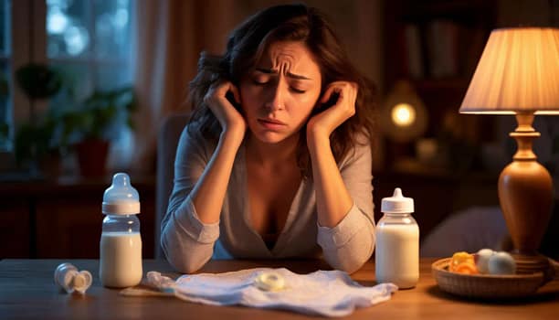 уставшая мать сидит за столом на котором стоят бутылочки для кормления младенца с молоком