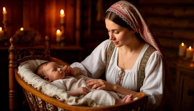 мать качает в люльке младенца