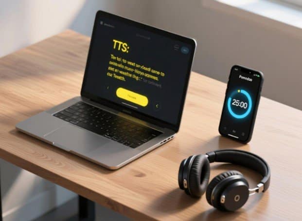 Рабочее место с компьютером, на экране которого отображается текст жёлтым шрифтом; рядом лежат наушники и смартфон с таймером на 25 минут, что указывает на использование техники Помидоро для концентрации и продуктивной работы