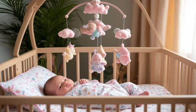 грудничок в кроватке с мобилем
