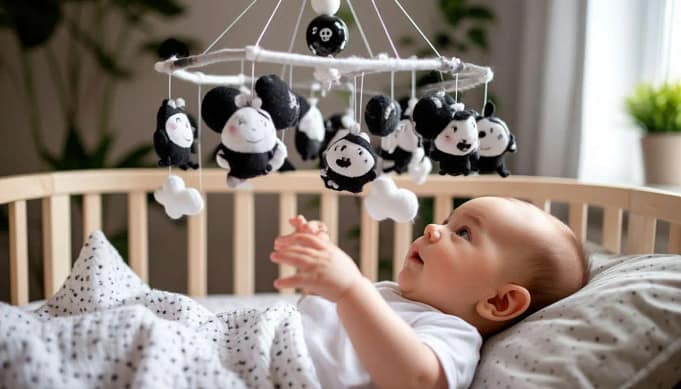 грудничок в кроватке смотрит на мобиль