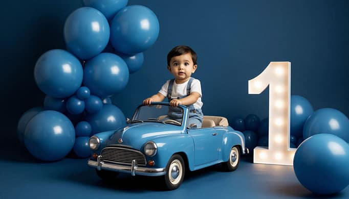 годовалый мальчик сидит в синей машинке, рядом много синих шаров и светящаяся цифра 1
