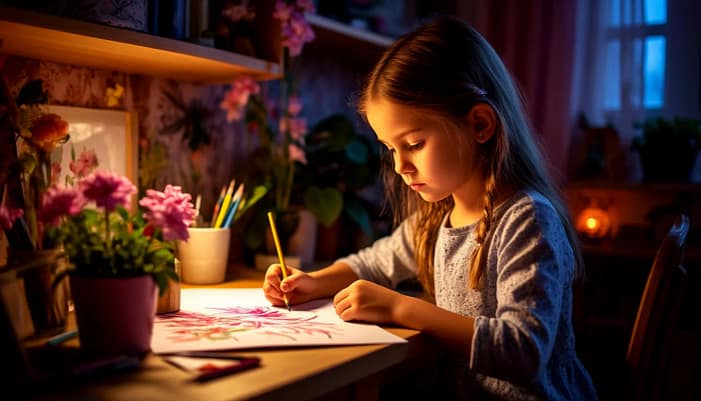 девочка 7 лет рисует цветок в своей комнате за столом. Вечер.