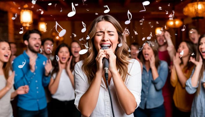 девушка поет в микрофон в караоке