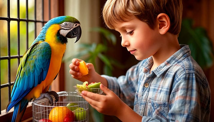 Милый ребенок, мальчик шести лет, с любовью и заботой ухаживает за своим попугаем. Он осторожно чистит клетку, наполняет кормушку свежими фруктами и поит птичку из поилки. Попугай яркий, желто-синий, сидит у него на плече. Стиль: теплый, реалистичный, домашняя атмосфера.