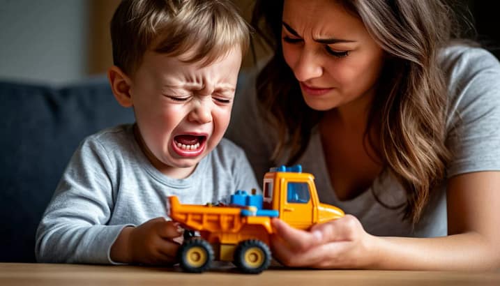 мальчик с машинкой в руках плачет, мать успокаивает его