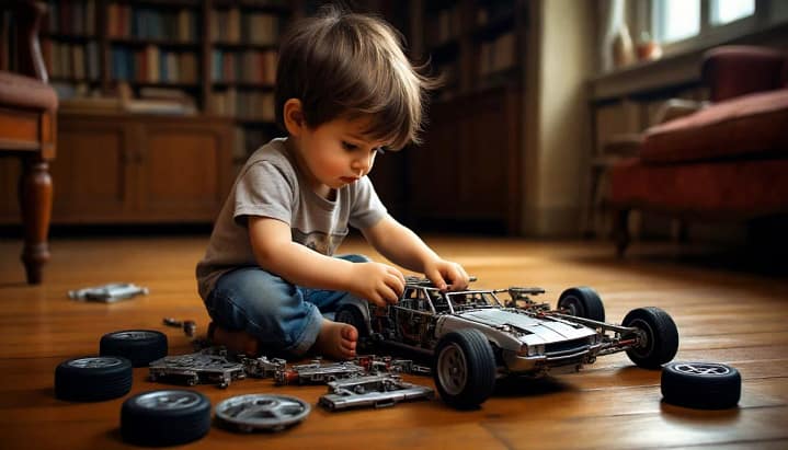 Дошкольник концентрируется на сборке-разборке игрушки. Развитие логики и пространственного мышления.