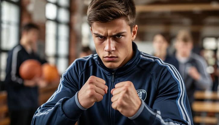 агрессивный старшеклассник в спортивном костюме и с кулаками готов к драке