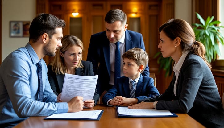 Реалистичное фото. Мать и отец сидят напротив учителя и директора школы за столом переговоров. Их позы открыты, но уверенны. Они не агрессивны, а настойчивы. Родители смотрят на администрацию с спокойной уверенностью, одна рука лежит на папке с документами (законы, заключения специалистов), другая — на плече их ребенка, который стоит рядом и чувствует себя защищенным. На столе лежит план индивидуального образовательного маршрута (ИОМ). Свет падает на семью, подчеркивая их единство. Стиль: фотографичный, эмоциональный, высокое качество.