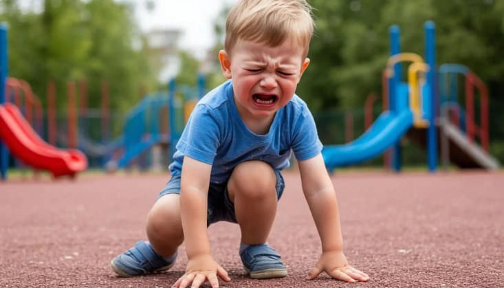 Дошкольник упал на детской площадке и плачет