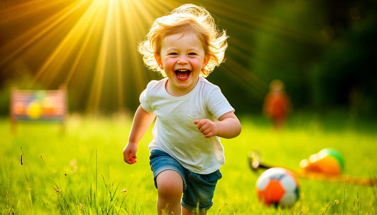 Счастливый, румяный ребенок смеется и бежит по зеленому солнечному лугу. Его фигура является основой композиции, от него исходят лучи радости и энергии. На заднем плане размыты символы здоровья: тарелка с фруктами, скакалка, футбольный мяч. Стиль: фотографический реализм, золотой час, высокая детализация, атмосфера беззаботного детства.