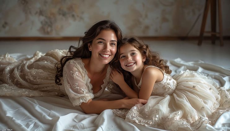 Мать и дочь лежат на белоснежном полу студии. Мать нежно обнимает дочь Оба объекта смотрят вверх с сияющими улыбками. Они одеты в красивые платья Освещение: Драматичное, но чистое освещение от большого верхнего софтбокса. Яркое, ровное освещение с мягкими тенями, создающее вдохновляющее настроение. Детализация: Фотореалистичная текстура кожи.2 руки, 2 ноги, по 5 пальцев на руках Естественные пропорции и идеальная анатомия.