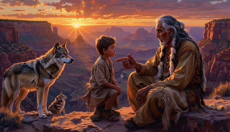 Мудрый старик-индеец в традиционной одежде сидит на закате на краю скалы с маленьким внуком. Он с добротой и серьезностью смотрит на мальчика, жестом руки показывая на сердце ребенка. Рядом с ними, в виде полупрозрачных духовных проекций, сражаются два волка: один светлый и добрый, другой темный и свирепый. Стиль: кинематографичный, эпический пейзаж каньона, теплый золотой час, высокий детализм, эмоциональное освещение.