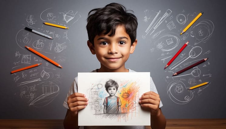 Ребенок с гордым и сосредоточенным лицом держит в руках свой рисунок — яркий, но с кривыми линиями. Вокруг него, как волшебный след, парят светящиеся следы-эскизы, инструменты (карандаши, кисти), символизирующие сам процесс творчества. Акцент на его счастливых глазах, а не на идеальности рисунка.