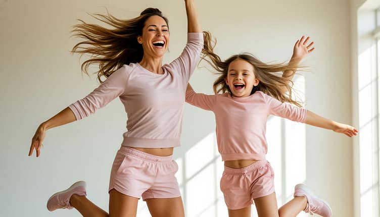 Ultra-realistic photography for a magazine cover. A joyful mother and her six-year-old daughter doing a synchronized jumping jack in a bright, minimalist sunlit studio. Captured in mid-air, hair flowing, faces radiant with genuine laughter. Both wear matching, stylish athleisure wear in pastel colors. The composition is dynamic and clean, with a focus on the shared energy and perfect mirroring of their movements. Shot on a Hasselblad, dramatic lighting, sharp focus, cinematic quality, vibrant and aspirational mood.