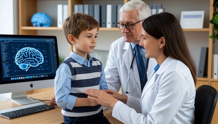 невролога в белом халате. в кабинете - компьютер с энцефалограммой, на полке макет мозга