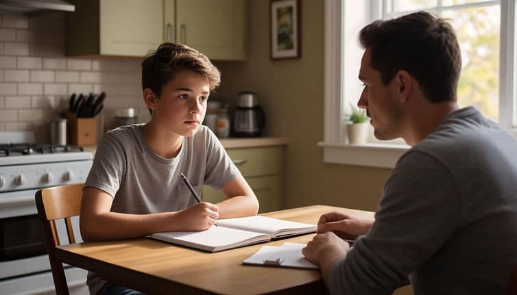отец и сын-подросток беседуют за столом на кухне