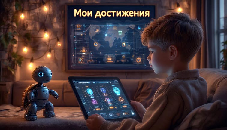 Мальчик десяти лет сидит на диване с планшетом, где программирует персонажа в образовательной игре по математике. Рядом — робот-черепашка, которая выполняет ее команду. На экране — прогресс-бар, бейджи, уровни. На стене — карта «Мои достижения», гирлянда из лампочек-иконок: «Кодер», «Исследователь», «Открытие». Уютная, современная комната. Стиль: реалистичный, теплый свет, акцент на цифрового обучения и мотивации.