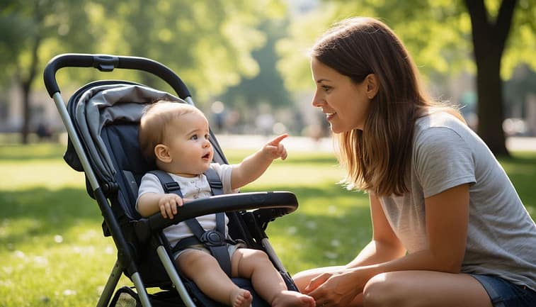 ребенок сидит в коляске в парке, рядом - мать