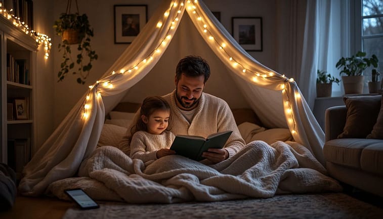 Уютный форт из одеял и подушек в гостиной. Внутри, при свете гирлянды, отец и ребенок, укутавшись в плед, вместе читают книгу. Их лица освещены мягким светом и улыбками. Снаружи валяется забытый смартфон. Атмосфера полного покоя и защищенности в их маленьком мире.