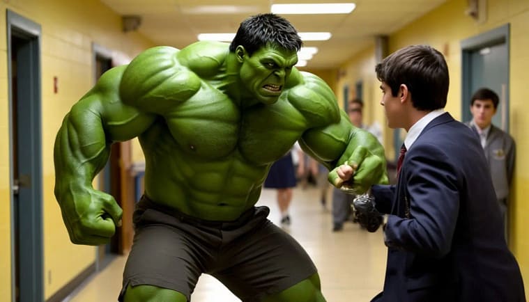 ученик-буллер похожий на Халка в коридоре дерется с одноклассником