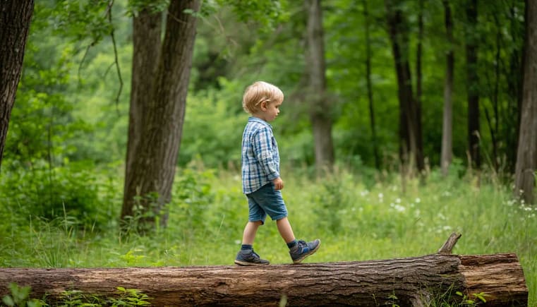 дошкольник идет по бревну в лесу
