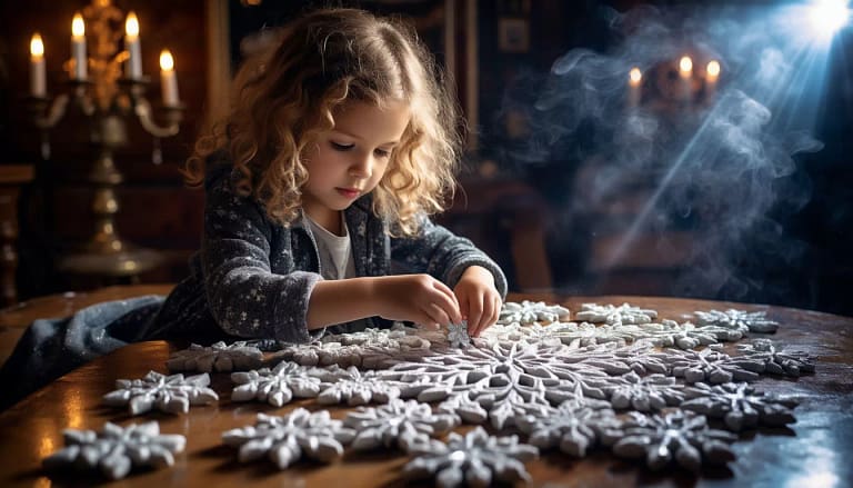 девочка собирает большую снежинку на столе