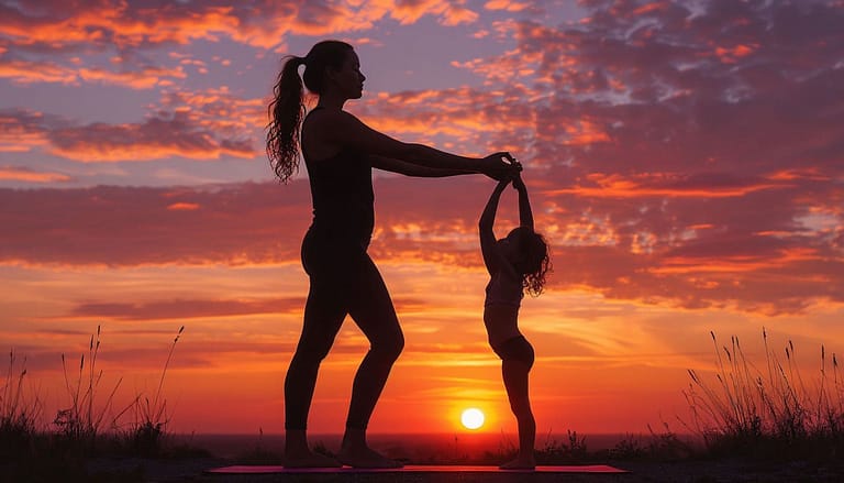 Creative ultra-realistic magazine cover. A mother and daughter in a powerful silhouette against a vibrant, gradient sunrise (orange to pink). They are holding a yoga pose together, forming a single, harmonious shape. The scene is captured from a low angle to emphasize their strength and the vast sky. The style is aspirational and artistic, with a focus on the clean, powerful outlines of their bodies. Photorealistic, 8K resolution, high contrast between the dark silhouettes and the colorful background, motivational and stylish.