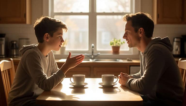 Подросток и родитель сидят друг напротив друга за столом на кухне. Между ними чашки с чаем. Подросток что-то эмоционально объясняет, жестикулируя. Родитель внимательно слушает, слегка наклонив голову, его взгляд спокойный и заинтересованный. Вечерний свет из окна.