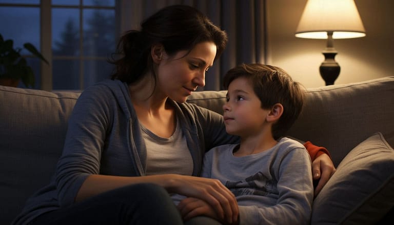 мать с сыном 10 лет разговаривают на диване