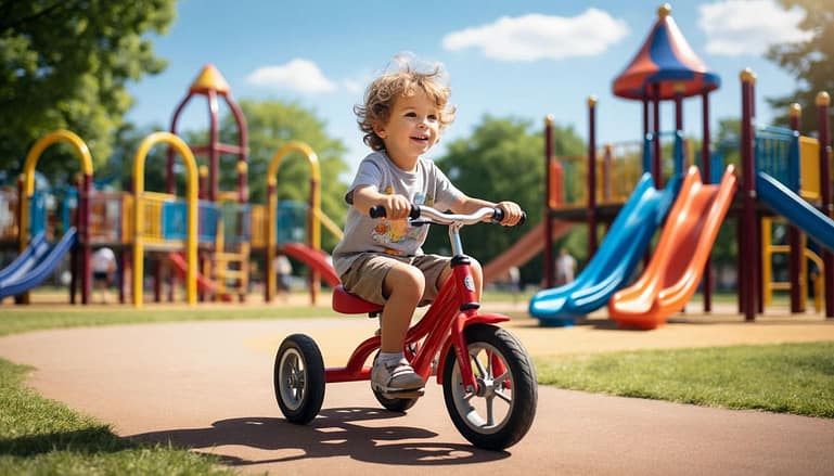 ребенок 5 лет катается на трехколесном велосипеде на детской площадке