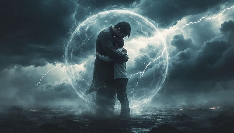 A symbolic image: a child with a storm of dark clouds and lightning raging inside them. An adult is gently embracing them, and this hug creates a transparent, strong, calm dome around both of them. Inside the dome, the storm gradually calms, turning into a soft rain. Digital painting, conceptual art, emotional, metaphorical.