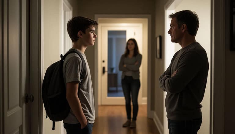 отец встречает у двери сына-подростка, который поздно пришел домой