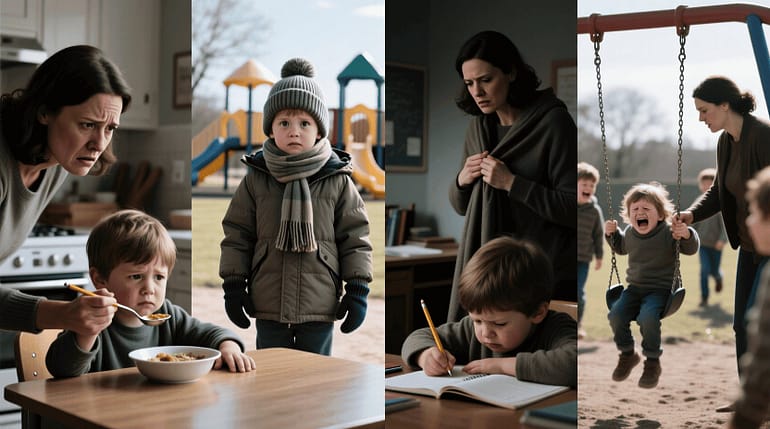 Динамичный фотоколлаж, демонстрирующий гиперопеку родителей. Сцена 1: Встревоженная мать насильно кормит пятилетнего ребёнка с ложки, пока тот пытается оттолкнуть её руку. Сцена 2: Та же мать наряжает ребёнка в несколько слоёв одежды для тёплого дня. Сцена 3: Мать нависает над ребёнком, делающим уроки, сжимая карандаш. Сцена 4: Мать прерывает игру ребёнка с другими детьми, оттаскивая их. В каждой сцене показано расстроенное лицо ребёнка и контролирующие жесты матери. Стиль: реалистичный фотоколлаж с тонкими соединительными линиями между сценами, приглушёнными тонами, эмоциональным акцентом на выражениях ребёнка.