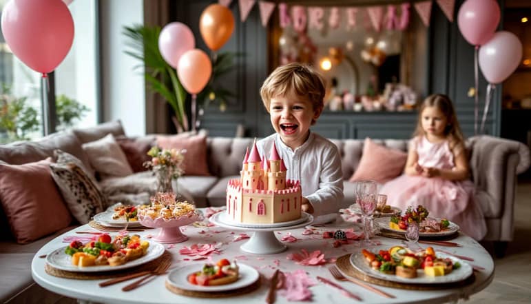 детский праздник дома в большой современной светлой комнате, празднично и очень красиво сервированный стол с красивой посудой и с тортом в виде замка на подставке, счастливый мальчик стоит у стола, в комнате гирлянды из воздушных шаров. на заднем фоне видна очень грустная девочка, которая сидит на диване