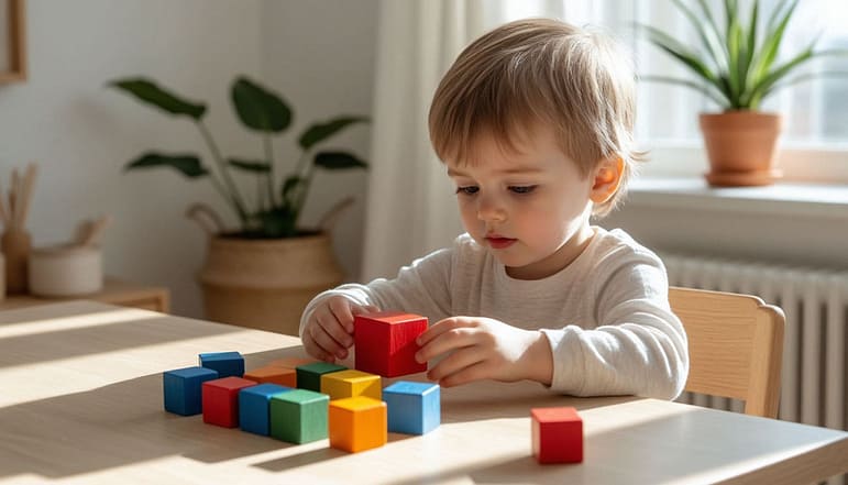 Ребёнок, 4-5 лет с нежным оттенком кожи и живым взглядом играет с разноцветными кубиками на светлом дубовом столе. в его руках красный кубик. Всё вокруг — природные материалы, мягкий дневной свет, минималистичная обстановка, комнатные цветы. Атмосфера — комплексная, теплая, полностью тихого содержания к детскому усилию. Стиль — ультрареализм высокого класса, как обложка дорогого журнала вроде Kinfolk или Montessori Today . Никакого хаоса, только гармония, намерение и красота простого действия.