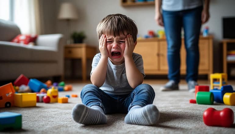 Ребёнок 5 лет в разгаре эмоциональные истерики: сидит на полу в уютном домашнем интерьере, широкий плачет, лицо округлое, глаза зажмурены, рот открыт, кулачки сжаты или руки прикрывают лицо, на ногах носочки Вокруг — разброшенные игрушки или предметы, намекающие на перегрузку. На заднем плане — спокойный взрослый, стоящий на небольшом расстоянии: не мешает, но присутствует, излучает терпение и эмоциональную поддержку. Тёплое мягкое освещение, фотореалистичный стиль, естественные изгибы кожи, разнообразие в изображении персонажей. Атмосфера — напряжённая, но безопасная, без драматизации.