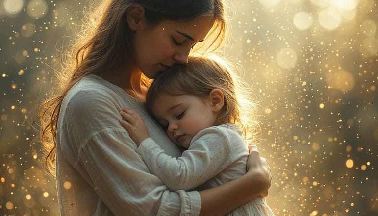 Символичное изображение: ребенок, внутри которого словно зажигается мягкое золотистое свечение от объятия родителя. Вокруг них рассеиваются маленькие, серые символы тревоги и беспокойства. Стиль: нежная цифровая живопись, светящиеся частицы, метафорично и тепло.