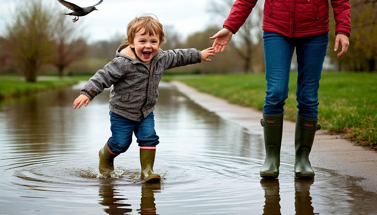 Динамичный кадр: малыш с восторженным лицом в резиновых сапогах следует за улетающей птичкой, даже не заметив большую лужу. Он делает большой шаг с бордюра, представляя себя самолетом. Родитель идет чуть сзади, его рука мягко направляет ребенка в сторону от воды, а выражение лица веселое и поддерживающее.