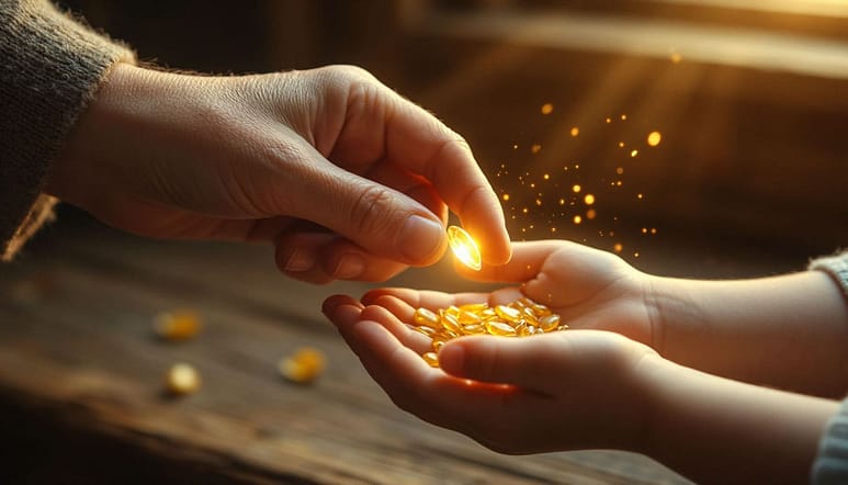 Extreme close-up: an adult’s hand (aged 30–40, natural skin tone, slightly weathered but kind) gently places a glowing seed into a small child’s open palm. The background is softly blurred warm wood and fabric. Golden light wraps around their hands, symbolizing emotional transfer. Photorealistic, shallow depth of field, Kodak Portra film aesthetic, warm evening light. Mood: reverence, quiet transmission of care. No faces needed—emotion conveyed through touch and light.