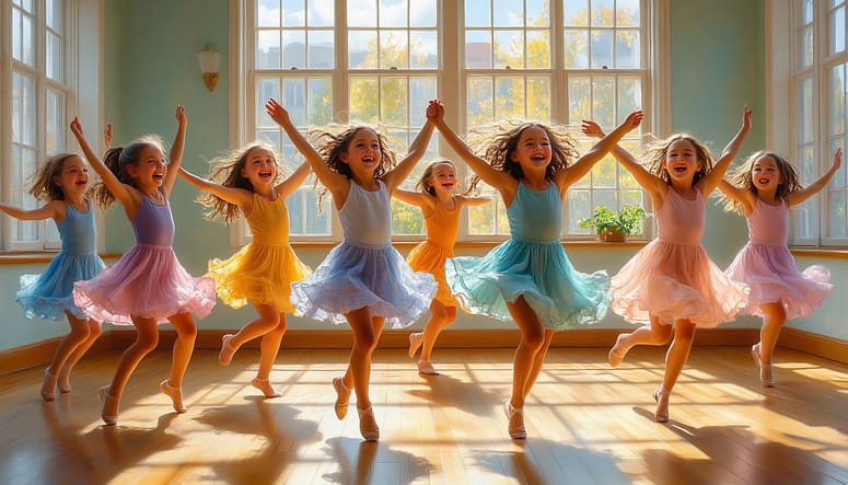 A diverse group of joyful children (ages 5–10) dancing freely in a sunlit studio with tall windows, wooden floors, and soft pastel walls. They move in unison yet with individual expression — arms lifted, skirts and shirts swirling, bare feet or soft ballet slippers gliding across the floor. Some wear simple leotards in sky blue, rose, and sage green; others are in casual cotton clothes in warm earth tones. Sunlight streams in, casting gentle highlights and long shadows, with floating dust motes catching the light. Faces are bright with concentration and delight, hair slightly tousled from movement. Background softly blurred to emphasize motion and emotion. Style: heartfelt documentary photography meets high-end editorial, warm natural tones, shallow depth of field, film-like texture, authentic and tender