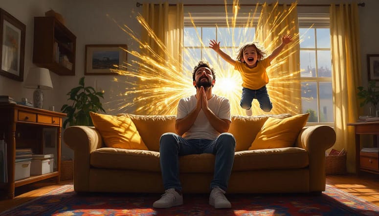 измученный отец ребенка экстраверта сидит на диване и молится о тишине. Рядом ребенок -экстраверт прыгает на диван