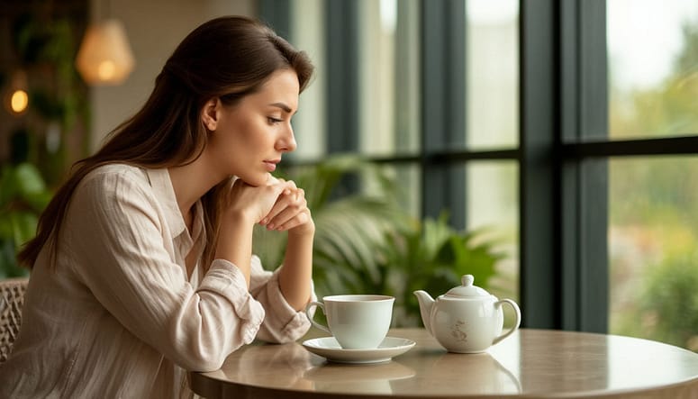 время перезагрузки: молодая мать отдыхает - пьет чай. на столе чашка чая и заварочный чайник