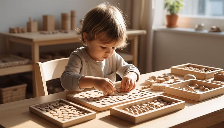 Ультрареалистичное, кинематографичное фото на обложке премиального образовательного журнала. Сосредоточенный ребенок 4–5 лет сидит за залитым солнцем минималистичным деревянным столом, глубоко погруженный в мелкую моторику. Его маленькие ручки аккуратно складывают крошечный деревянный элемент пазла, нанизывают бусинку на шнурок или лепят из мягкой натуральной глины — все это окружено открытыми подносами с материалами в стиле Монтессори: деревянной мозаикой, перфорированными досками пастельных тонов, листами для рисования точка-в-точку и взаимосвязанными строительными блоками. Теплый золотистый свет льется через большое окно, подчеркивая текстуру кожи, древесные волокна, волокна бумаги и глину. Ребенок — этнически разнообразной (например, теплая смуглая кожа, мягкие локоны; или светлая кожа с веснушками; или черты лица в Восточной Азии — укажите при необходимости) — одет в простую льняную одежду нейтральных тонов. Фон мягко размыт: полки с натуральными игрушками, растение в горшке, тихая домашняя гармония. Снято на высококачественный фикс-объектив (например, Leica APO-Summicron), малая глубина резкости, сверхвысокая детализация, богатые тактильные текстуры, сбалансированное тёпло-холодное освещение. Атмосфера спокойной сосредоточенности, когнитивного развития и практического обучения. Без текста. Элегантность журнальной обложки, эмоциональная достоверность, ничего лишнего.