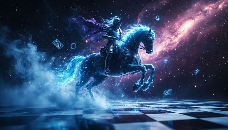 A mesmerizing slow-motion capture of a liquid light chess piece (a knight) gracefully moving across a chessboard of swirling galactic smoke. Its path is a vibrant, neon-blue motion trail that pulses with magical energy, illuminating runes and symbols that briefly appear and fade in the air. Deep cosmic background with ethereal fog. Style of a magic spell visualization, hyper-realistic, 8k, vibrant, mystical.
