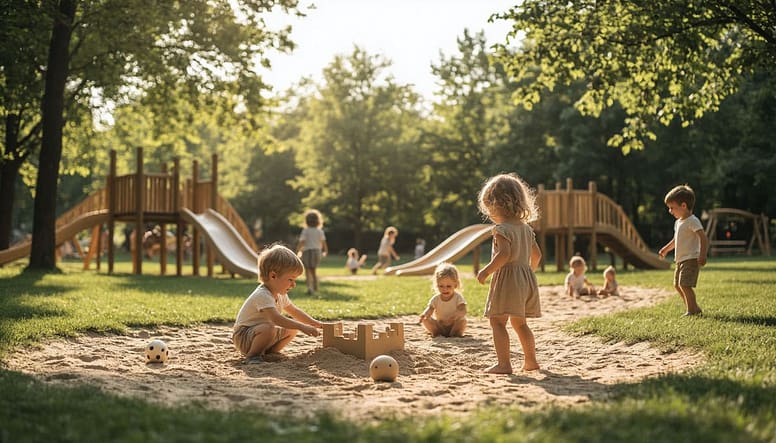 Солнечная детская площадка из натурального дерева в зелёном городском парке. Дети 4–5 лет занятых в разных играх: одни передают мяч с искренним смехом, другие строят замки в песочнице, третьи — катаются с горками с восторгом и азартом. Никаких пластиковых ярких цветов — только натуральные материалы, мягкий золотистый свет заката, легкие тени от листвы. Одежда — простая, качественная, в природной палитре. Нет взрослых в кадре: только свобода, движение и естественное «сжигание» напряжения через игру. Стиль — профессиональное фото, ультрареализм высокого класса, как обложка журнала Kinfolk , Montessori Life или The Gentle Parent .